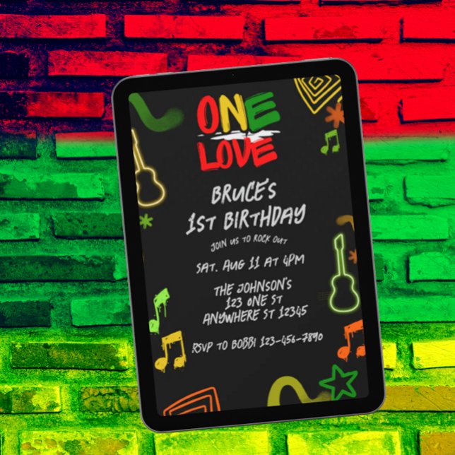Invitation One Love Music Black Red Gold Green 1st Birthday (Créateur téléchargé)