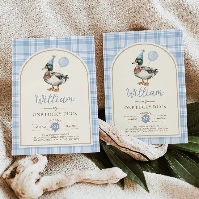 Invitation One Lucky Duck Blue Balloon Boy 1st Birthday (Créateur téléchargé)