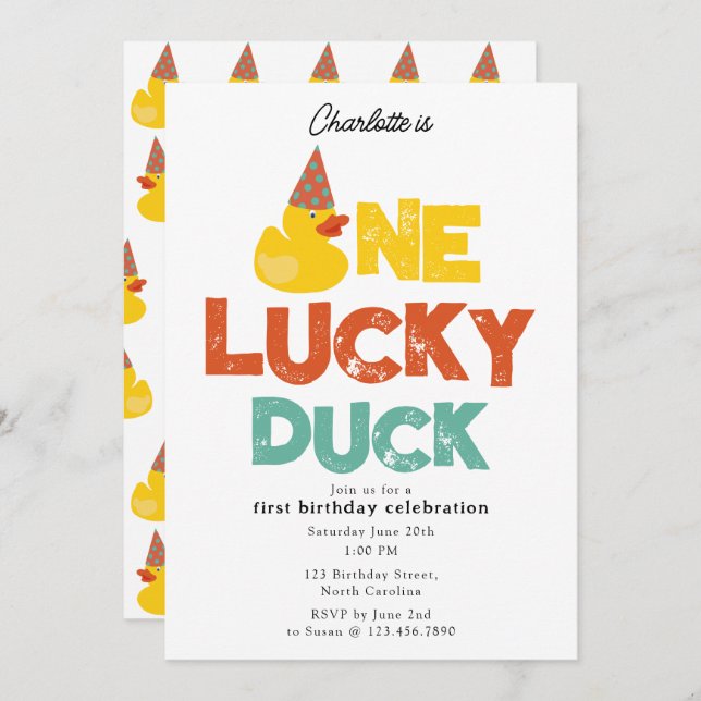Invitation One Lucky Duck Invite 1st  First Birthday Cute (Devant / Derrière)