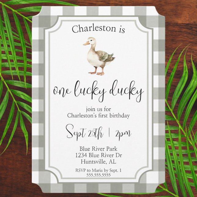 Invitation "One Lucky Ducky" Pique-nique Mignonne Première fê (one lucky ducky first birthday party gender neutral 1st bday for baby boy or girl green picnic cute)