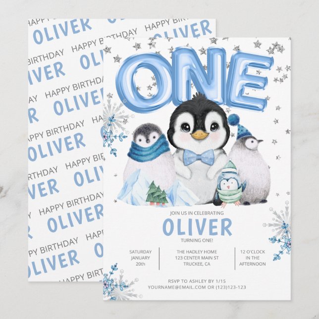 Invitation ONE Manchots d'hiver Garçon 1er Anniversaire (Devant / Derrière)