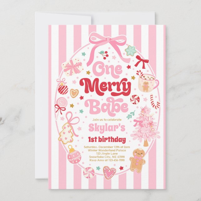 Invitation One Merry Babe Christmas Coquette Bow 1st Birthday (Devant)