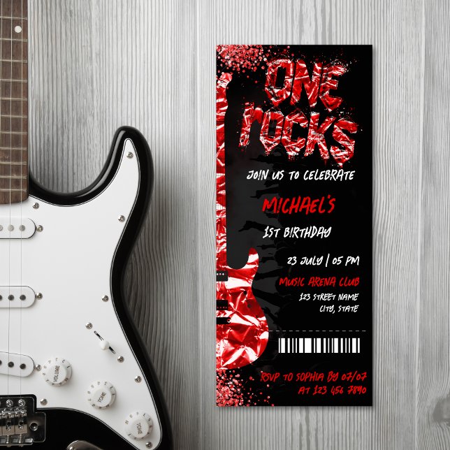 Invitation One Rocks Music Theme Concert Billet Anniversaire (red glitter electric guitar on black background concert ticket invitation)