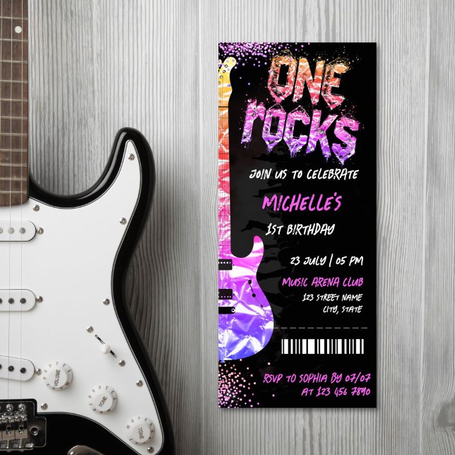 Invitation One Rocks Music Theme Concert Billet Anniversaire (PINK GLITTER ELCRTICAL GUITAR ROCK CONCERT TICKET INVITATION)