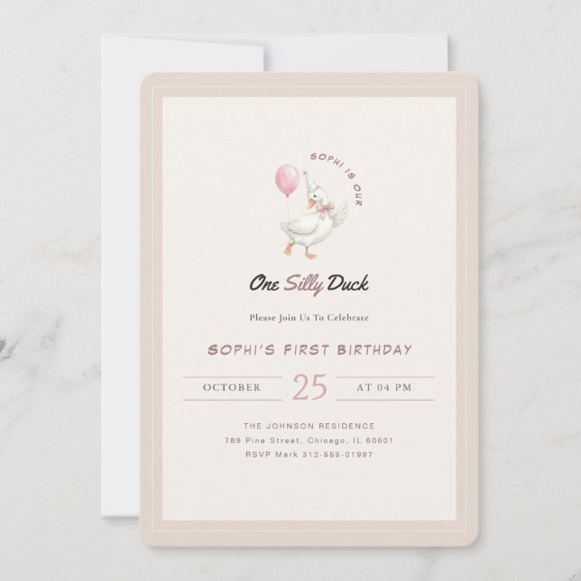 Invitation One Silly Duck Pink Bow Tie First Birthday (Devant)