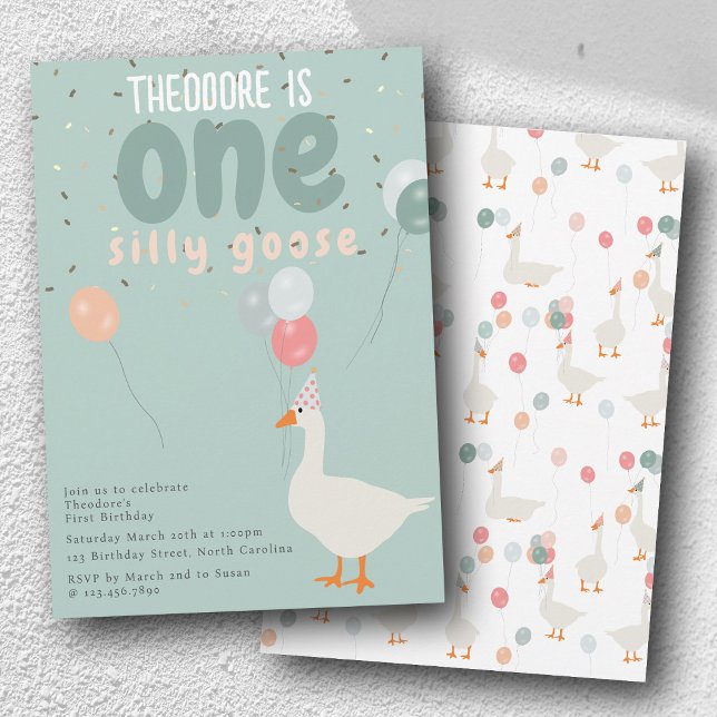 Invitation One Silly Goose 1er Anniversaire Party Blue (Boy's One Silly Goose 1st Birthday Party Blue Invitation)
