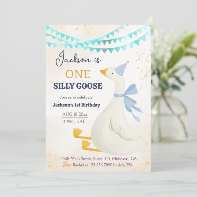 Invitation One silly goose 1st birthday blue cool cute boy (Debout devant)