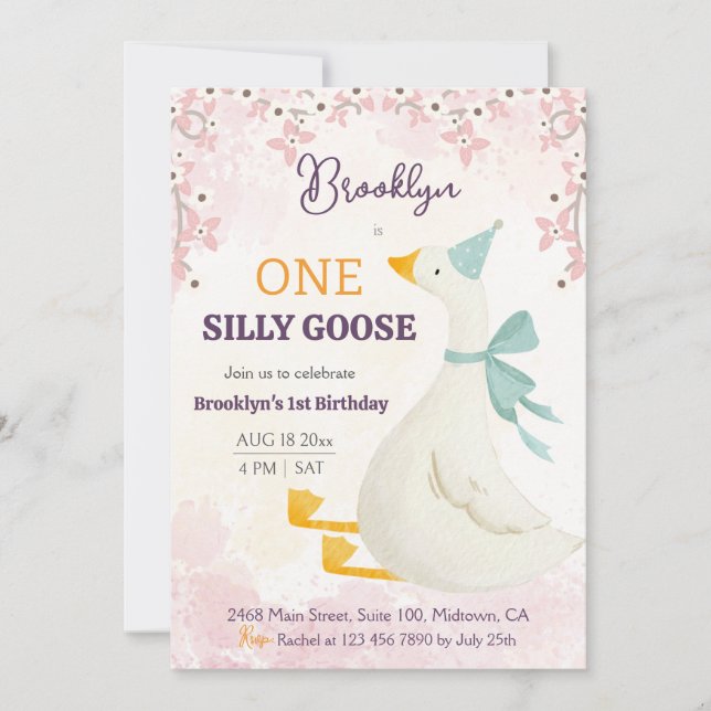 Invitation One silly goose 1st birthday pink floral girl cute (Devant)