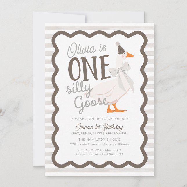 Invitation One Silly Goose Beige Bow 1st Birthday (Devant)