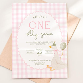 Invitation One Silly Goose Birthday Invite Pink Gingham First