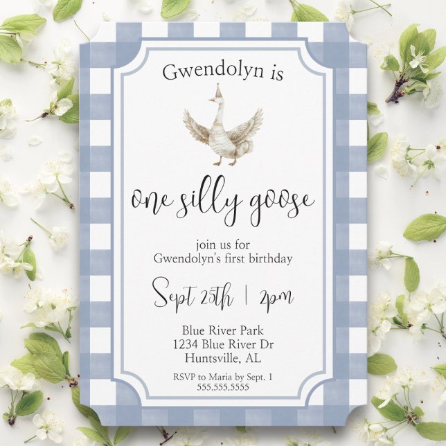 Invitation "One Silly Goose" Bleu mignon Première fête d'anni ("one silly goose" blue watercolor cute first birthday party picnic 1st birthday boy toddler bday)