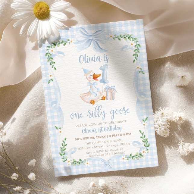 Invitation One Silly Goose Blue Bow Floral 1st Birthday (Créateur téléchargé)