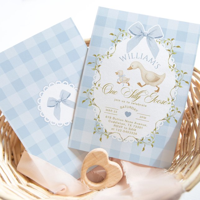 Invitation One Silly Goose Blue Gingham Boy 1st Birthday (Créateur téléchargé)