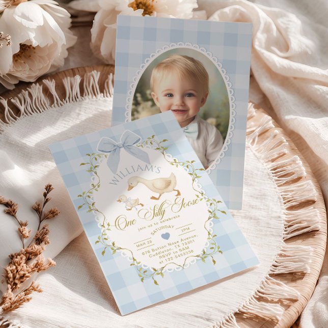 Invitation One Silly Goose Blue Gingham Photo 1st Birthday (Créateur téléchargé)