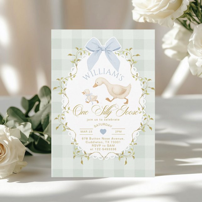 Invitation One Silly Goose Boy Gingham 1st Birthday (Créateur téléchargé)