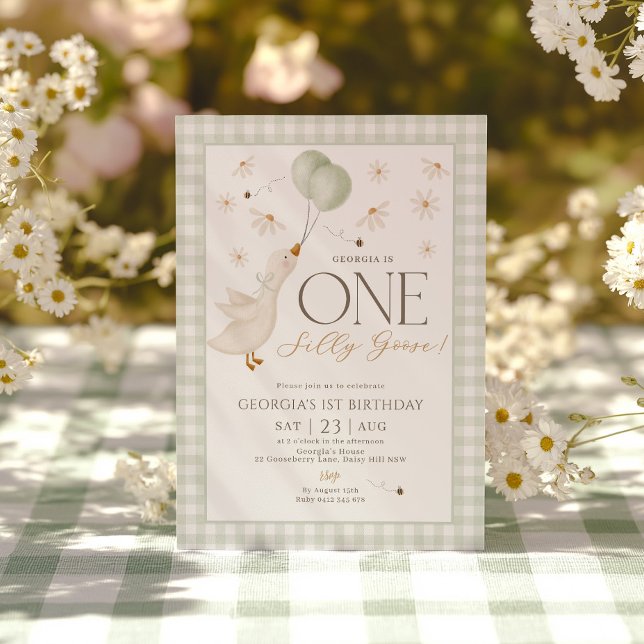 Invitation One Silly Goose Boys 1st Birthday Sage En vichy (Silly Goose 1st Birthday Boys Sage Green Gingham Invitation)