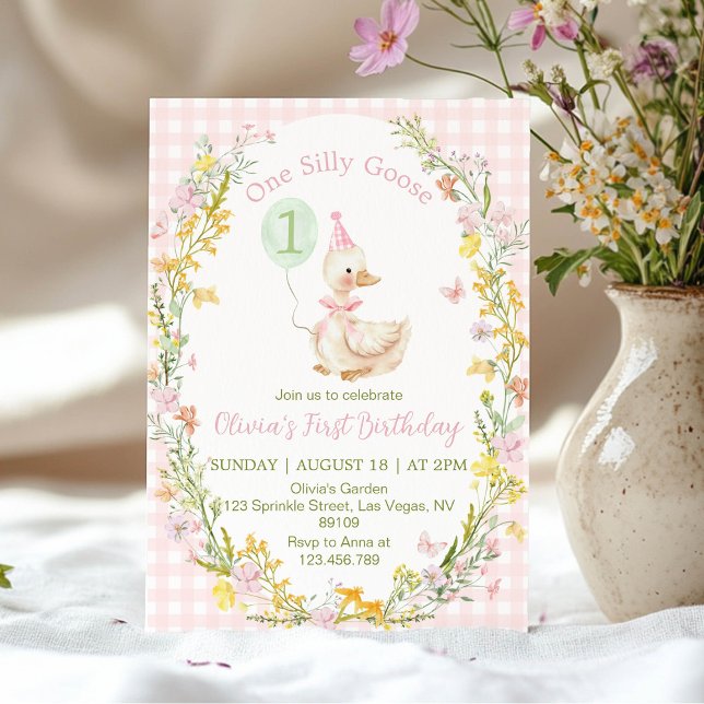 Invitation One Silly Goose Floral Pink Girl Birthday (Créateur téléchargé)