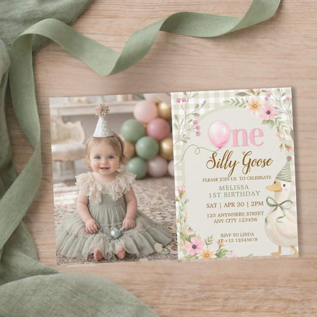Invitation One Silly Goose Gingham Floral Girl 1st Birthday  (Créateur téléchargé)