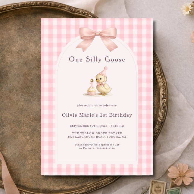 Invitation One Silly Goose Gingham Pink Bow Girl 1st Birthday (Créateur téléchargé)