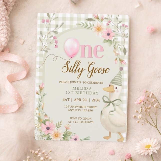 Invitation One Silly Goose Gingham Pink Floral 1st Birthday (Créateur téléchargé)