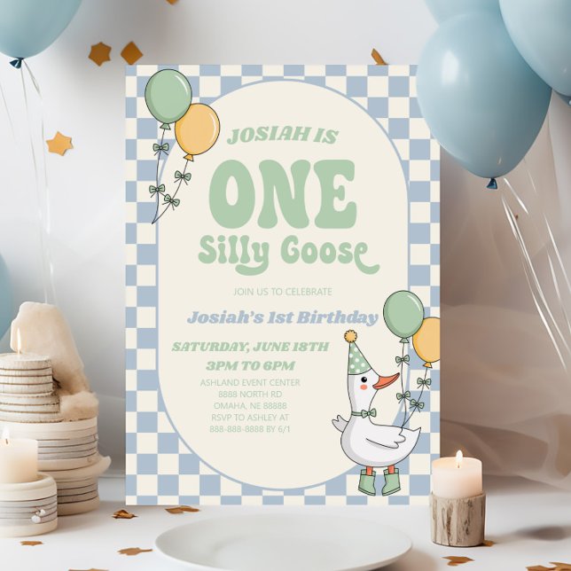 Invitation ONE Silly Goose Moderne Rétro 1ère fête d'annivers (Créateur téléchargé)