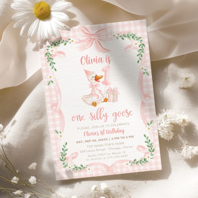 Invitation One Silly Goose Pink Bow Floral 1st Birthday (Créateur téléchargé)