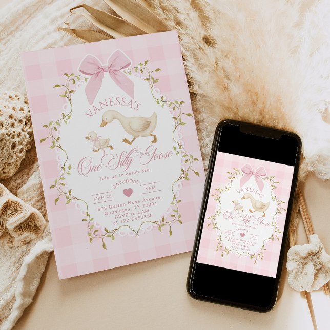 Invitation One Silly Goose Pink Bow Girl 1st Birthday (Créateur téléchargé)
