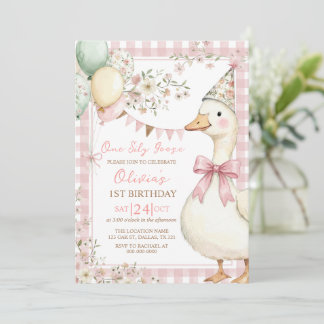 Invitation One Silly Goose Pink Bow Girl 1st Birthday