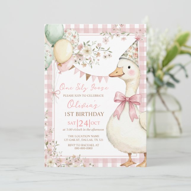 Invitation One Silly Goose Pink Bow Girl 1st Birthday (Debout devant)