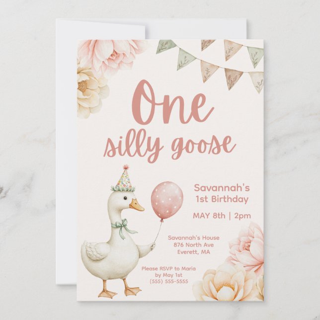 Invitation One Silly Goose Pink Floral 1st Birthday  (Devant)