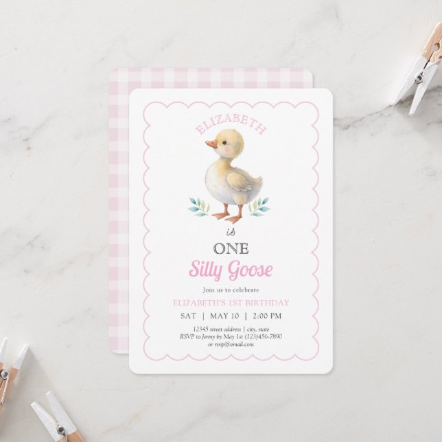 Invitation One Silly Goose Pink Whimsical Girl First Birthday (Devant/Arrière en situation)