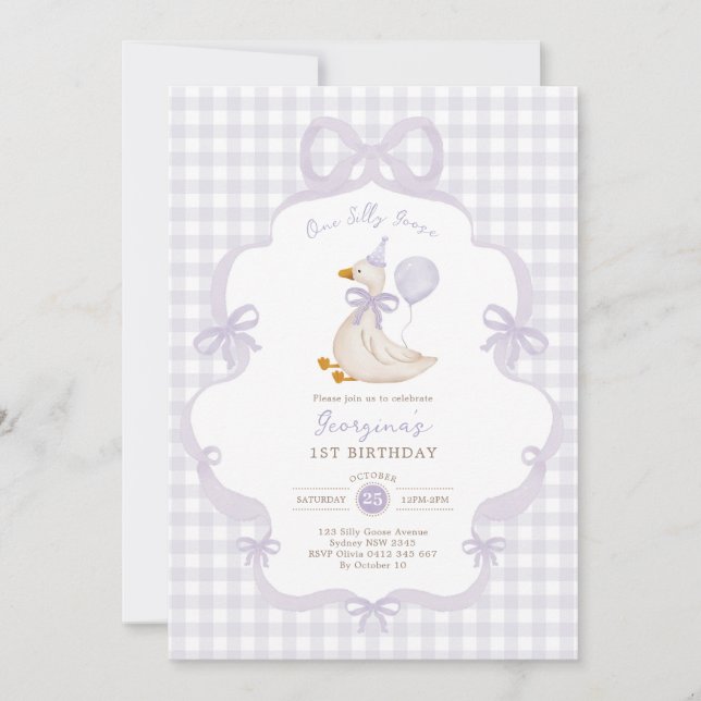 Invitation One Silly Goose Purple Bow Balloon 1st Birthday (Devant)