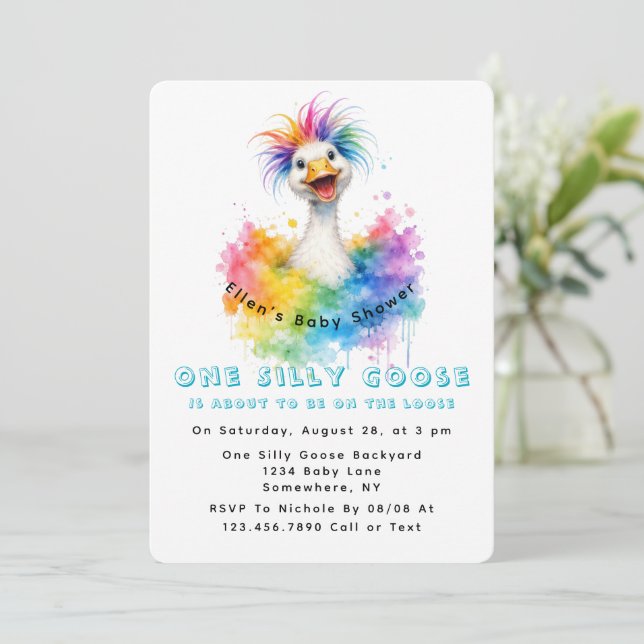 Invitation One Silly Goose Rainbow Baby Shower Cute (Debout devant)