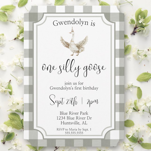 Invitation "One Silly Goose" Soigné Pique-nique Première fête (one silly goose first birthday party gender neutral 1st bday for baby boy or girl green picnic cute )