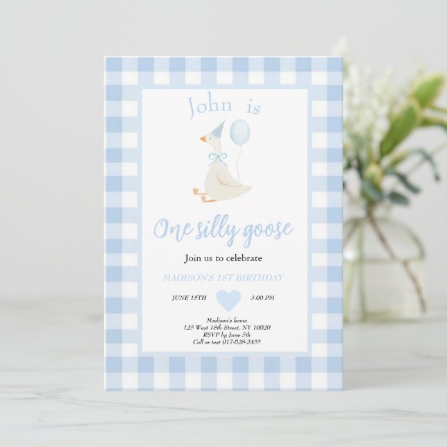 Invitation One Silly Goose Spring Blue First Birthday Party (Debout devant)