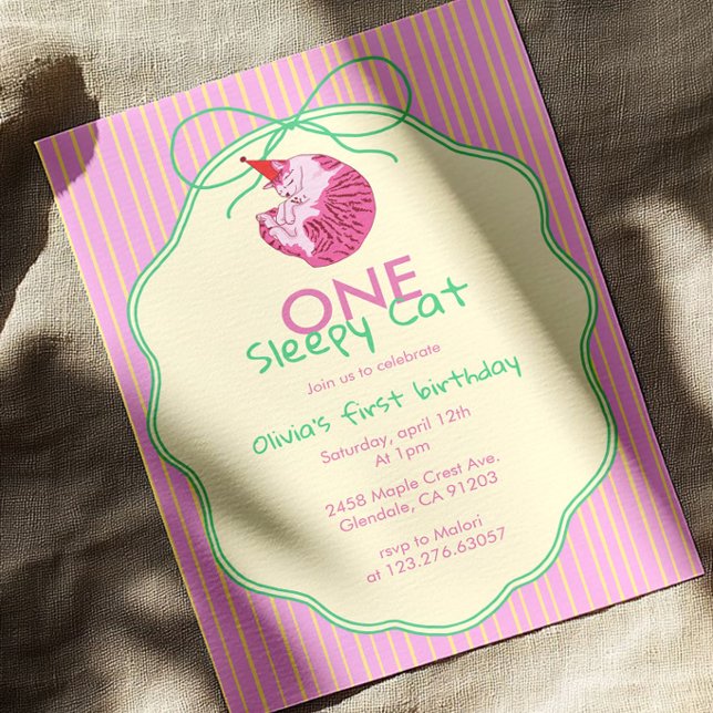 Invitation One Sleepy Cat 1st Birthday – Yellow Stripes (Créateur téléchargé)