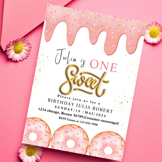 Invitation One Sweet 1nd Donut crème rose Anniversaire (Créateur téléchargé)