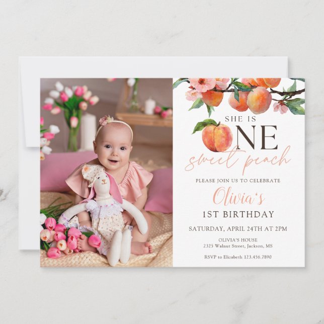 Invitation One Sweet Peach 1st Birthday Photo (Devant)