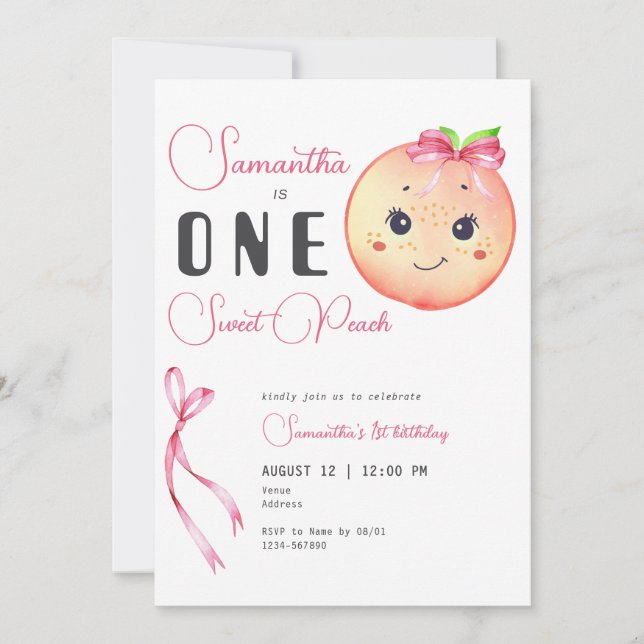 Invitation One Sweet Peach Cute Photo Girl 1er anniversaire (Devant)
