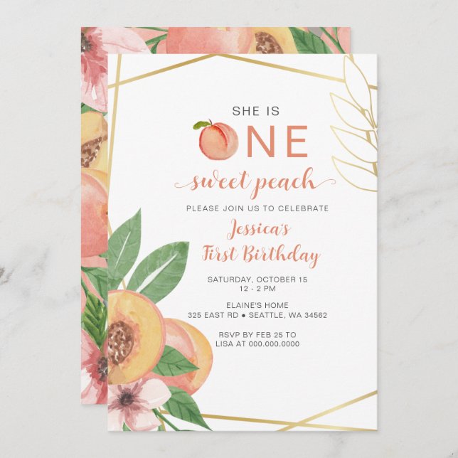 Invitation One Sweet Peach First Birthday photo (Devant / Derrière)