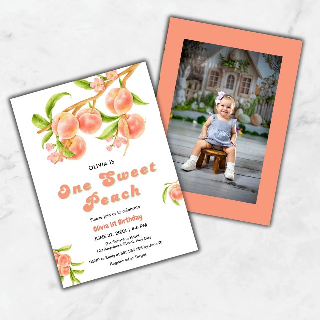 Invitation One Sweet Peach Fruit Photo 1er anniversaire (One Sweet Peach Fruit Photo 1st Birthday Invitation )