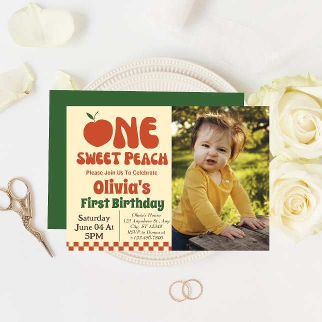 Invitation One Sweet Peach - Retro Peach 1er Birthday Photo (Créateur téléchargé)