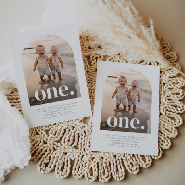 Invitation One Twin Boys - Arched Photo First Birday (One Twin Boys - Arched Photo First Birthday Invitation)