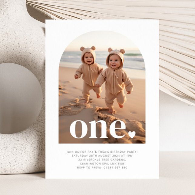 Invitation One Twin Girls - Heart Arched Photo First Birthday (One Twin Girls - Heart Arched Photo First Birthday Invitation)