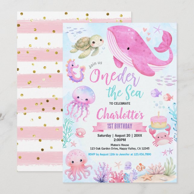 Invitation Oneder la fille de la mer 1er anniversaire pastel  (Devant / Derrière)