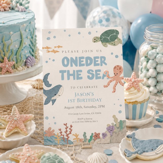 Invitation Oneder la mer Mignon aquarelle Garçon bleu 1er  (Créateur téléchargé)
