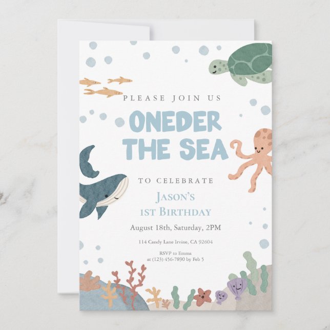 Invitation Oneder la mer Mignon aquarelle Garçon bleu 1er  (Devant)