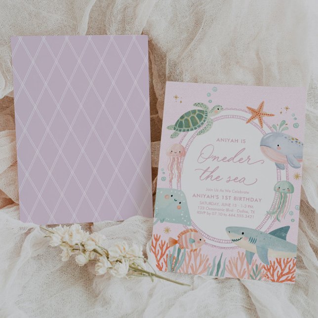 Invitation Oneder la mer Rose Thème Marin 1er Anniversaire (Créateur téléchargé)