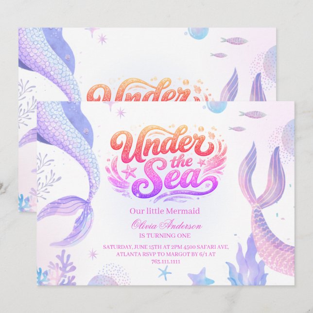 Invitation Oneder la Sirène fille 1er anniversaire  (Devant / Derrière)