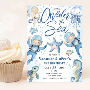Invitation ONEder sous la mer Jumeaux Garçon 1er Anniversaire
